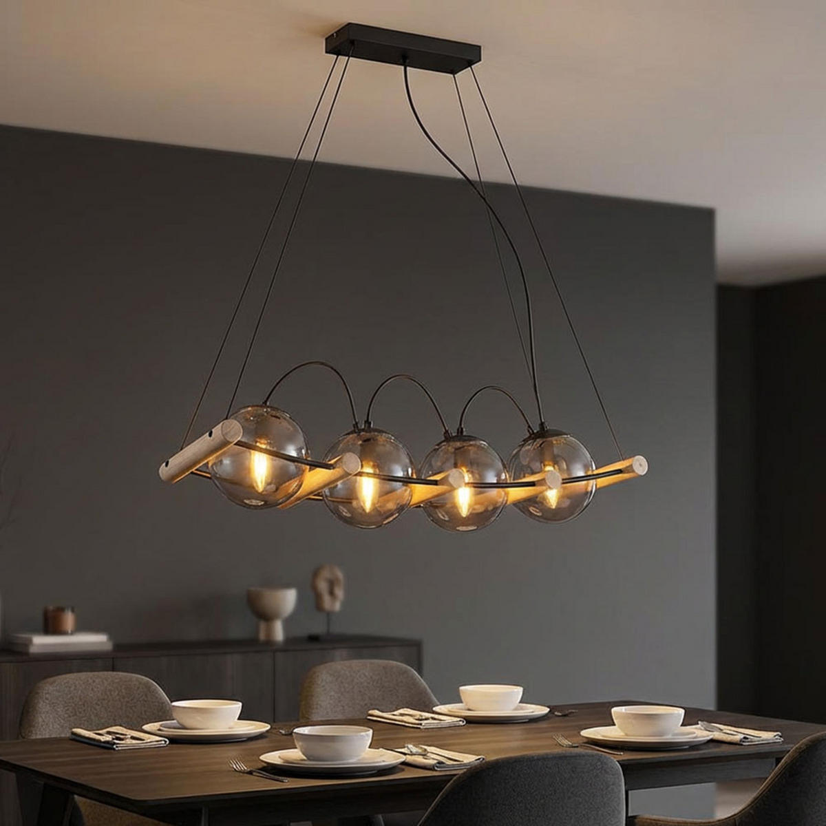PENDELLEUCHTE Metall Schwarz-matt Glas Rauchfarben - Braun, Holz (75/22/120cm) - Globo Lighting