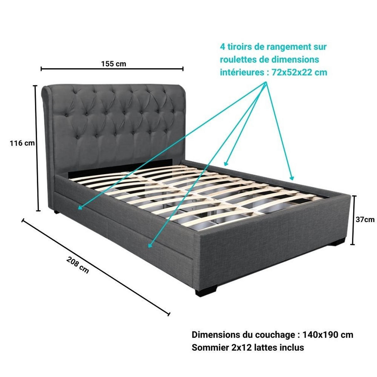 POLSTERBETT CHELSEA mit Schubladen / Bett 140x190 - Dunkelgrau - Dunkelgrau, Holzwerkstoff (140/190cm) - Weber Industries