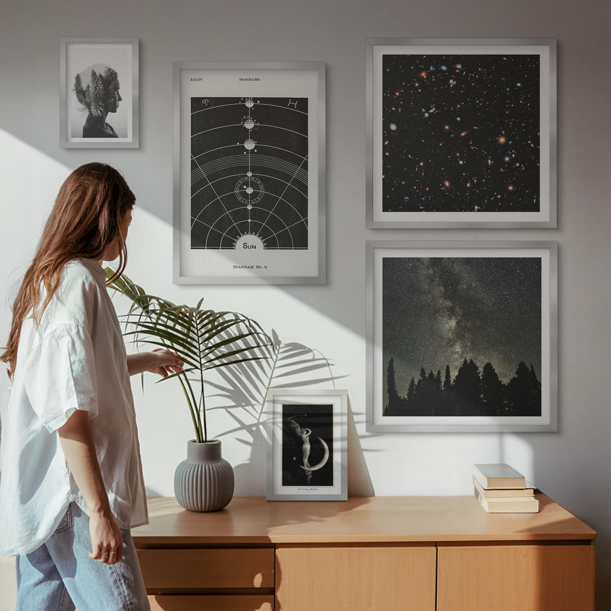 BILDER SET 5er Set - 50x50 cm & 20x30 cm & 40x60 cm Silberner Rahmen - Galaxie im Sonnensystem - Silberfarben, Kunststoff (40/60cm) - TULUP