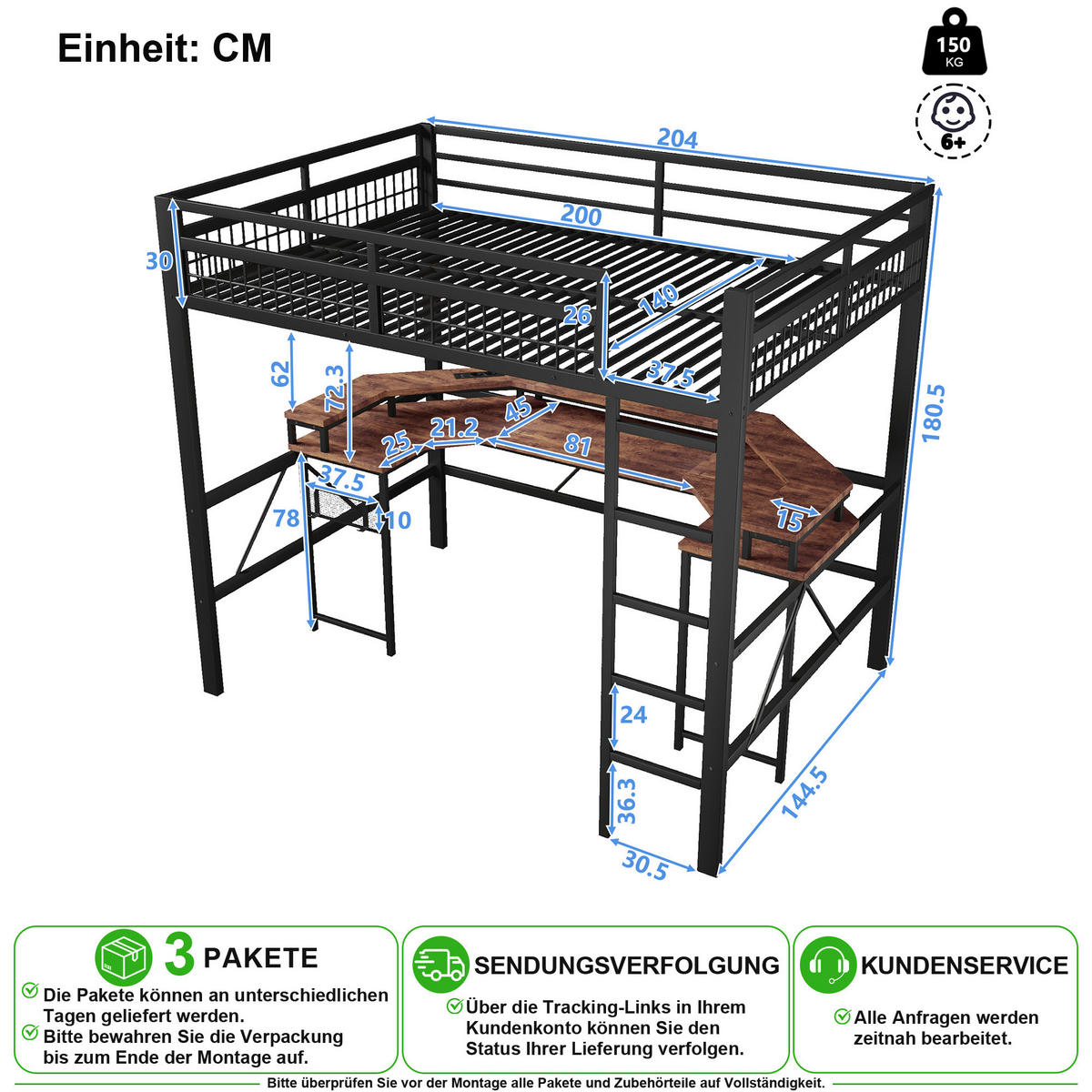 HOCHBETT 140/200 cm in Schwarz mit LED, Schreibtisch und USB/Type-C - Schwarz, Holzwerkstoff/Metall (140/200cm) - CHICFURN