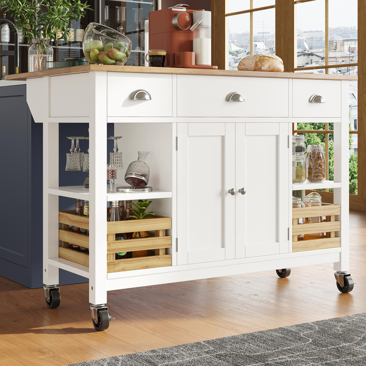 KÜCHENINSEL in Weiß und Naturfarben Servierwagen mit Kiefernkorb und Schubladen für Esszimmer, B120/T45/H90 cm - Naturfarben/Weiß, Holzwerkstoff/Metall (120/90/45cm) - STILVORA