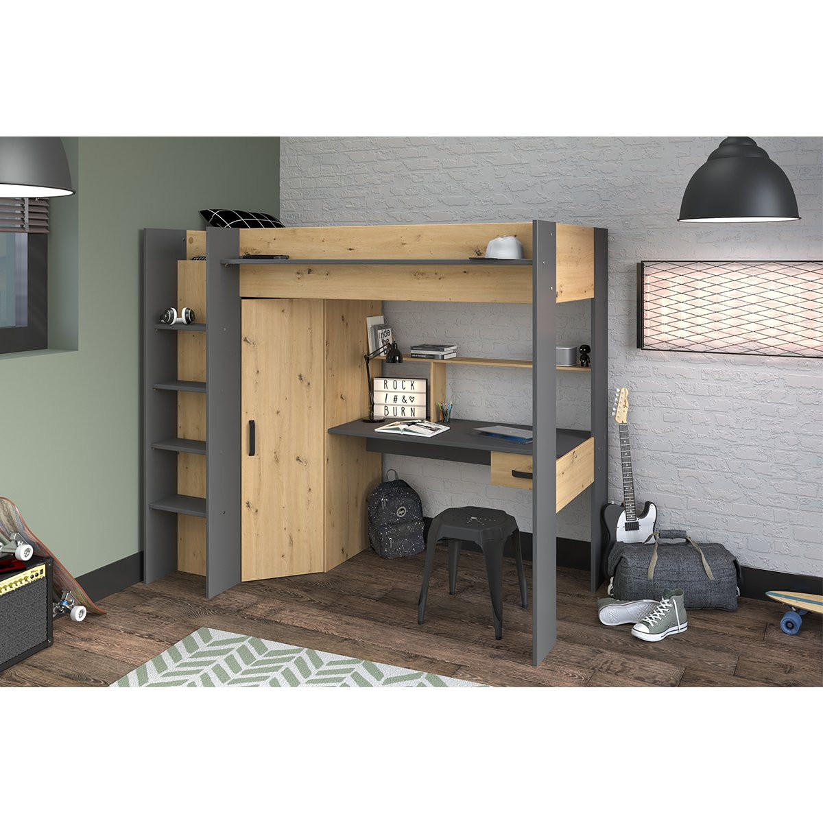 HOCHBETT Heavy 1 von Parisot Jugendbett 90 x 200 cm in Artisan Eiche und Schwarz komplett Set - Braun, Holz/Holzwerkstoff (90/200cm) - Vente-Unique