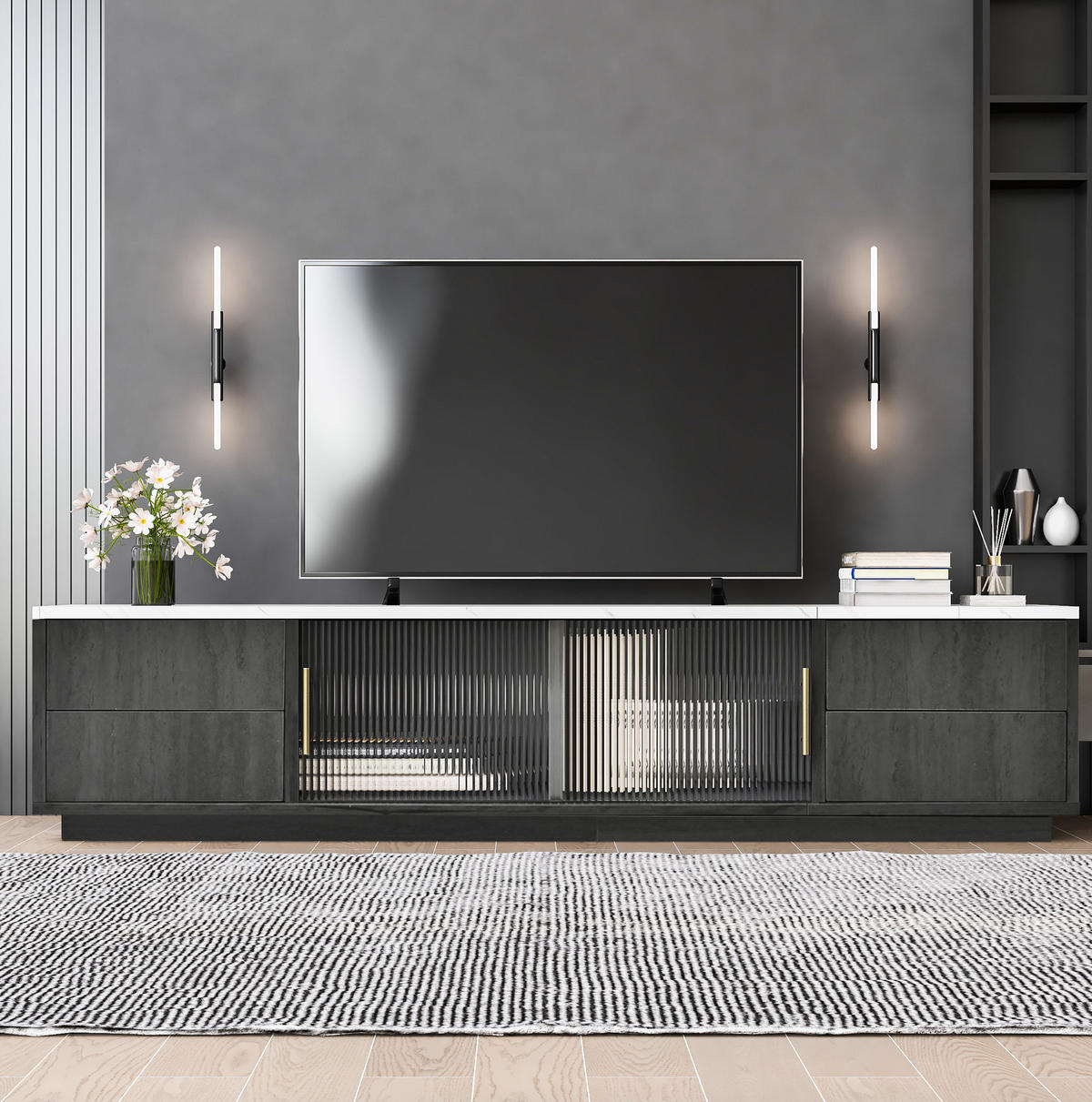 TV ormarić 160/40/38,5 cm sivi od MDF-a s 4 ladice i staklenim vratima - siva, drvni materijal (160/38.5/40cm) - OKWISH