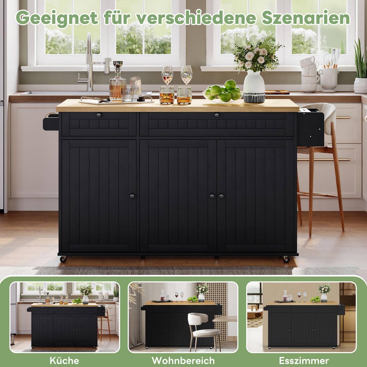 KÜCHENINSEL 137/45/89,5 cm Natur/Schwarz aus MDF mit klappbarer Arbeitsplatte - Naturfarben, Holzwerkstoff (137/89.5/70cm) - OKWISH