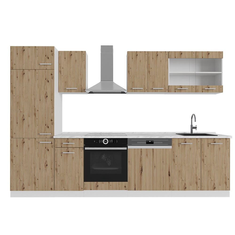 KUCHYŇSKÝ KOUT R-Line Dub řemeslný/bílý 300 cm s pracovní deskou - bílá/dub artisan, kompozitní dřevo (300/206.8/60cm) - Vicco