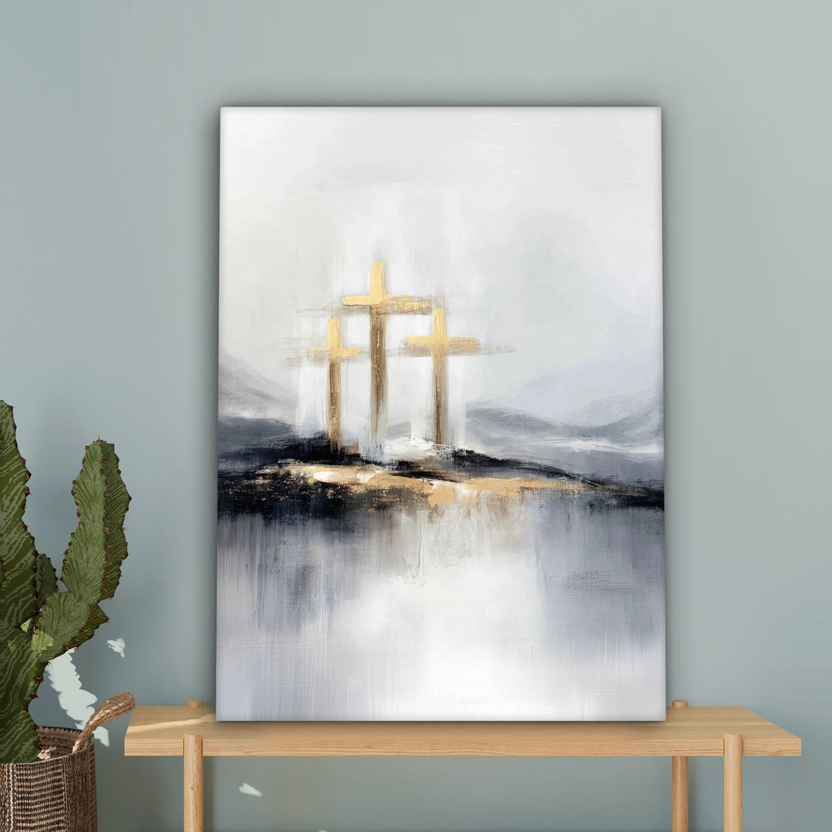 LEINWANDBILD Abstrakt - Malerei - Christentum - Kreuz Wandbild Wohnzimmer 60x80 cm - Weiß, Textil (60/80cm) - MuchoWow