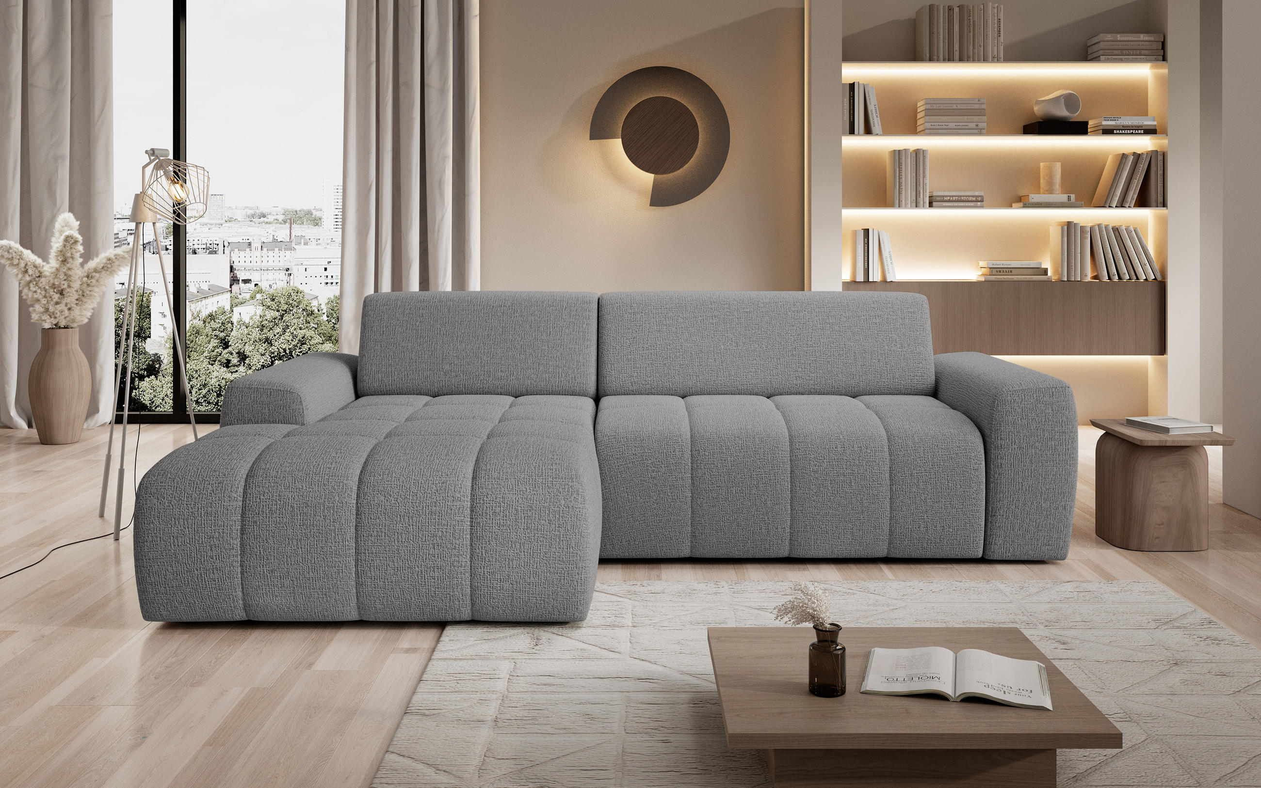 ECKSOFA Savio Freistehend, Mit Abriebfestem Kansas-Stoff, Maße 265x172x81cm, Ausziehbare Sitzfläche 206x92cm, Linke, Hellgrau - Hellgrau, Holz/Textil (172/265cm) - DomoHome
