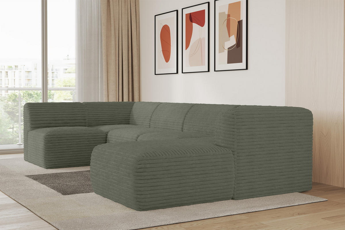 WOHNLANDSCHAFT Ottomane Rechts MOVO-L 345x180x78 cm Olivgrün Cord - Olivgrün, Holzwerkstoff/Kunststoff (180/78/345cm) - ALTDECOR
