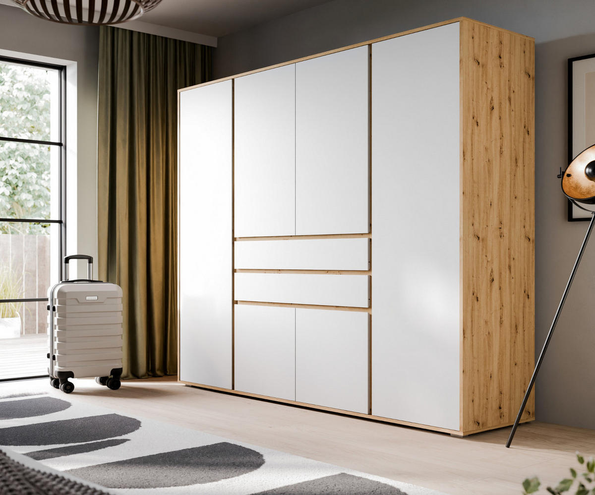 KLEIDERSCHRANK weiß, Eiche Artsian 197 x 194 cm, Drehtürenschrank 6-türig - Silberfarben/Weiß, Holzwerkstoff/Kunststoff (197/194/56cm) - Inn.Furn