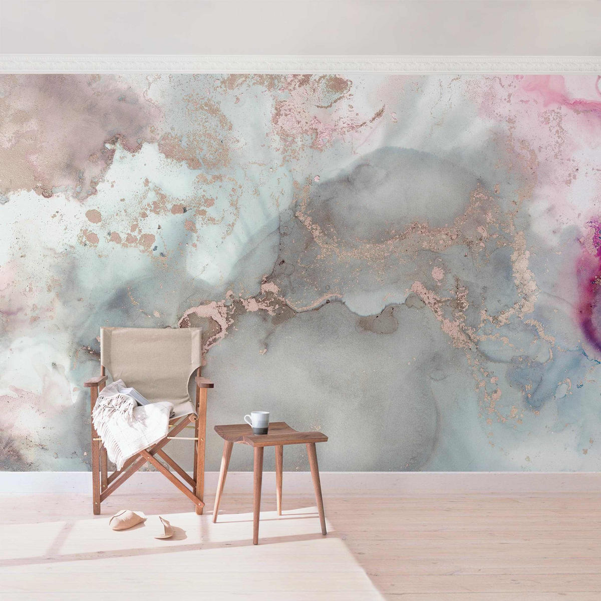 FOTOTAPETE Farbexperimente Marmor Pastell und Gold 288/190 cm - Pastellblau, Papier (288/190cm) - Bilderwelten