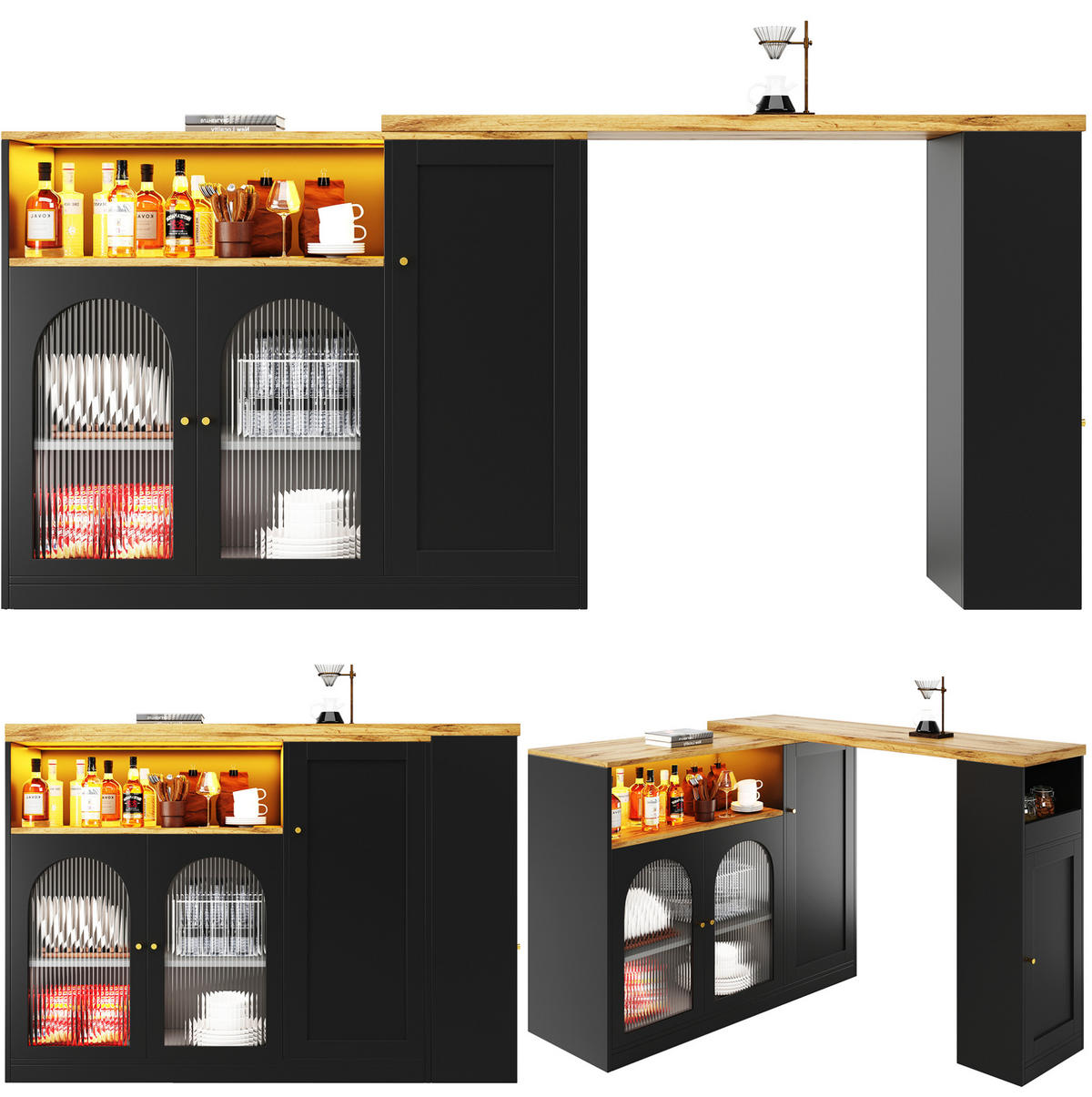 BARTISCH mit Stauraum 197/39,6/100 cm drehbar mit LED und Glasfront - Schwarz, Holzwerkstoff (108/39.6/97cm) - BEAOK