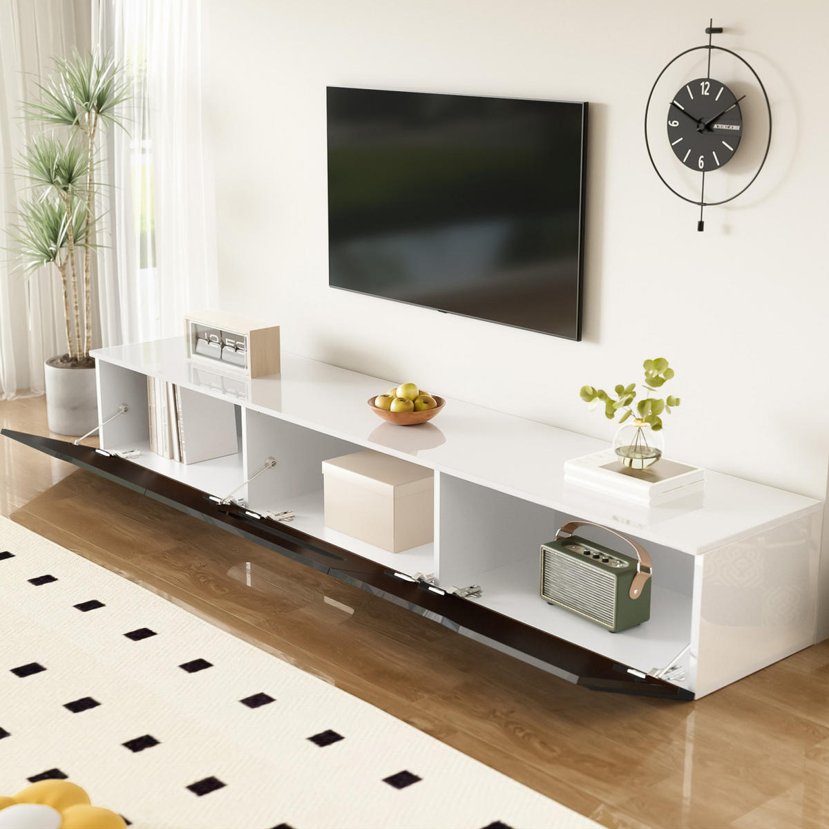 TV Lowboard LED, hängend, 3 Klapptüren, Schwarz Weiß - Schwarz, Holz (180/30/35cm)