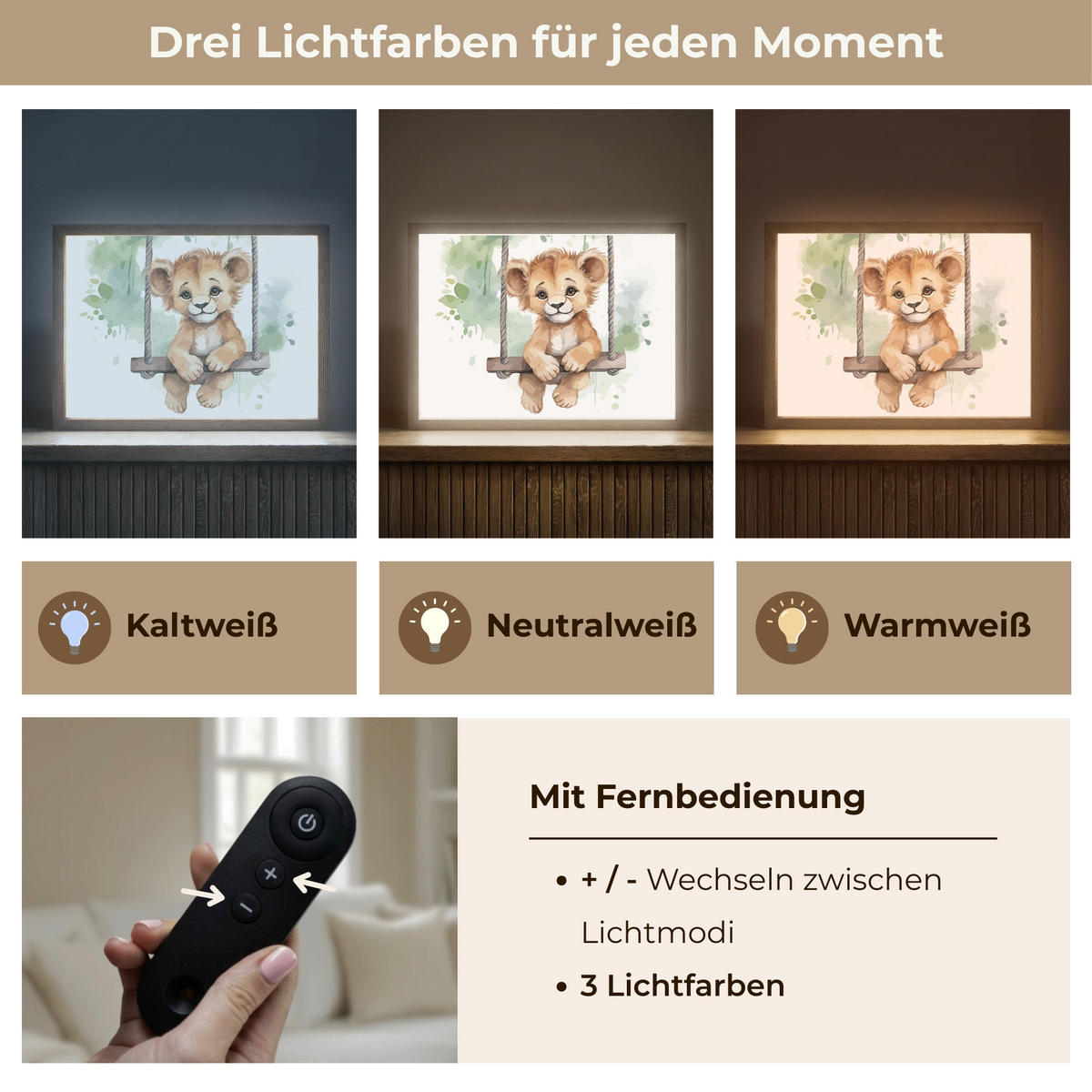 WANDLEUCHTE MIT AKKU Löwe - Tier - Kinder - Dschungel 40x30 cm - Weiß, Holzwerkstoff (40/30/8cm) - OnlyWow