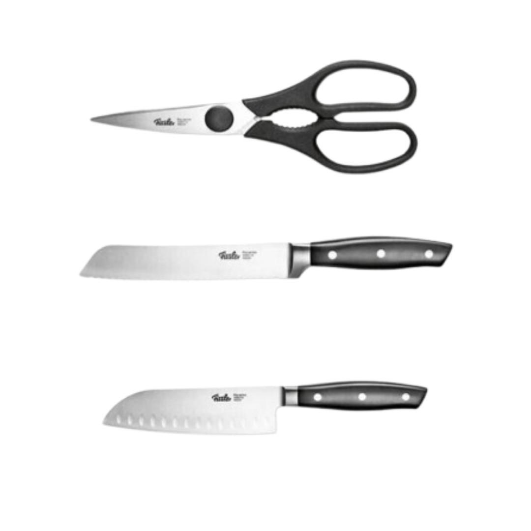 KÜCHENMESSER SET 3-tlg Schwarz, Brotmesser, Santokumesser, Küchenschere, Edelstahl, Schneidemesser, Küchenzubehör, Profi Messer, Klingenstahl - Silberfarben/Schwarz, Kunststoff/Metall - Fissler