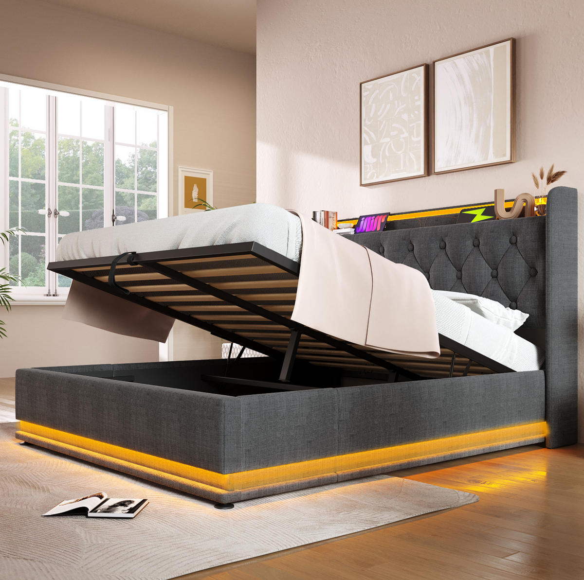 BETT mit Stauraum und LED 140x200 cm Leinen Grau - Grau, Metall (140/200cm) - Meubliv