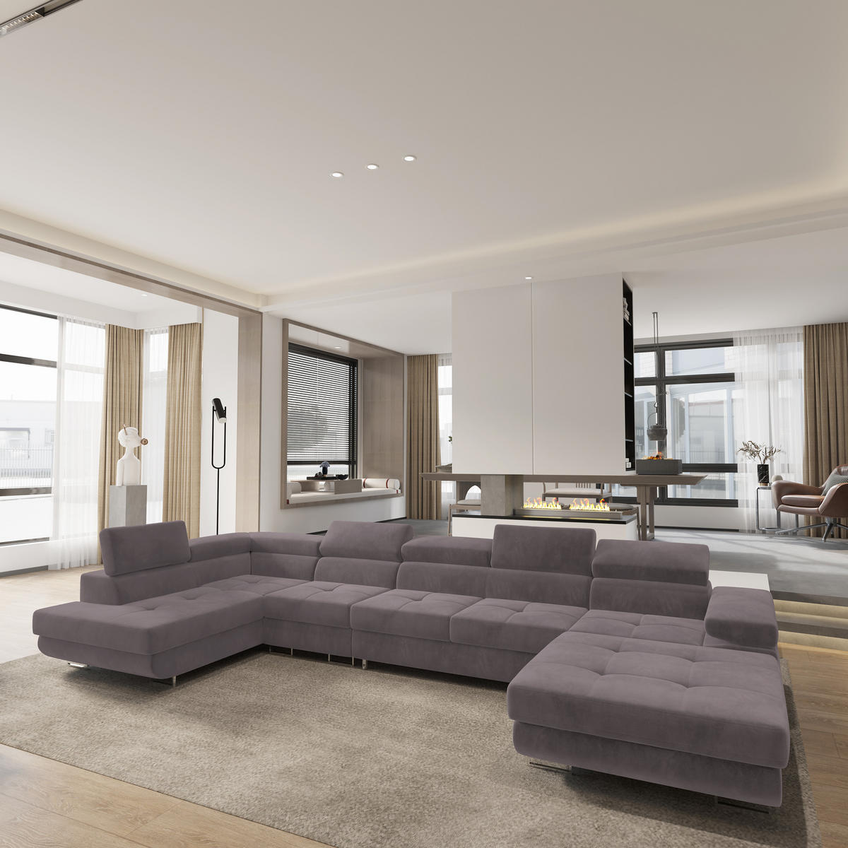 WOHNLANDSCHAFT VELORA L-S Lila Velours-Stoff mit Schlaffunktion - Lila, Holz (419/90/202cm) - MASSENO