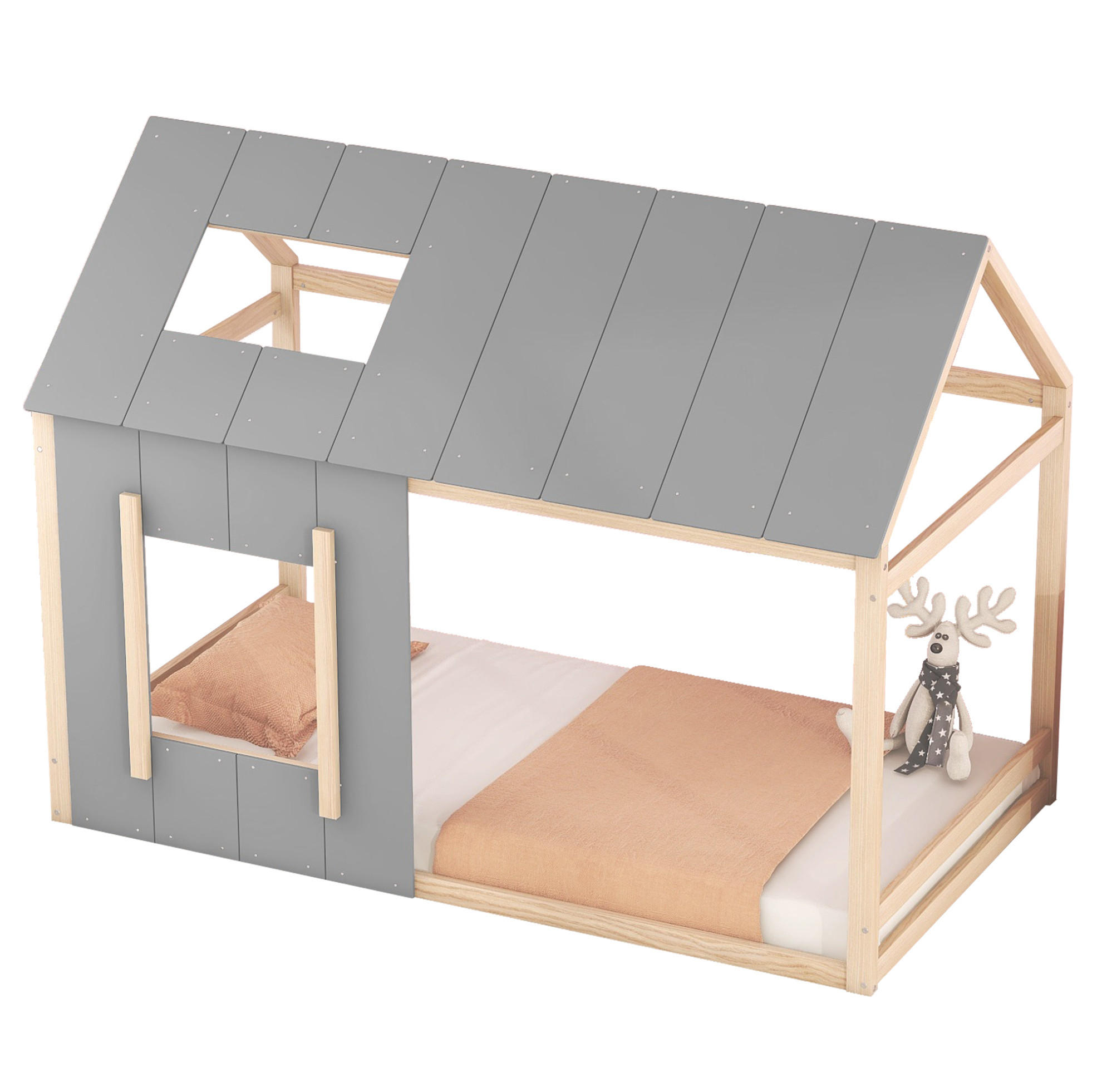 Redom DĚTSKÁ postýlka 90/200 cm v designu domečku s střechou a oknem, stabilní rám a kreativní dekorování, Naturální/Šedá