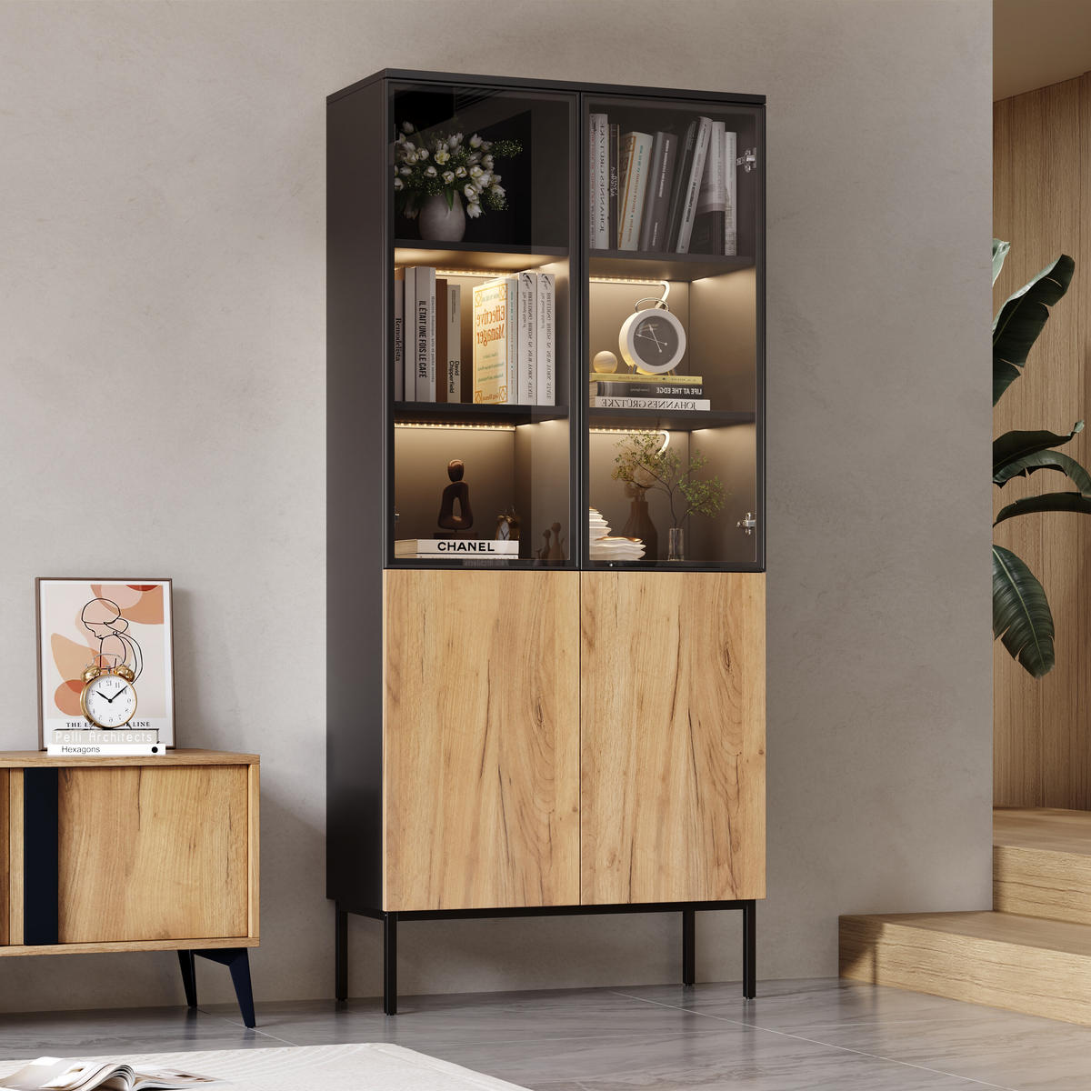 VITRINE mit Glastüren Schwarz und Eiche - Schwarz/Braun, Holzwerkstoff (31/180/74cm) - Urban Meuble