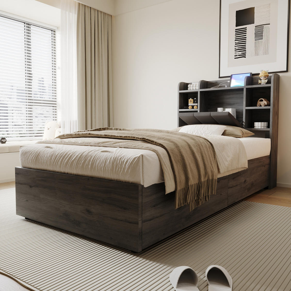 POLSTERBETT 90/200 cm Grau mit Stauraum, Ausgestattet mit USB und Tape-C-Steckdose - Grau, Holz (90/200cm) - Oxeza