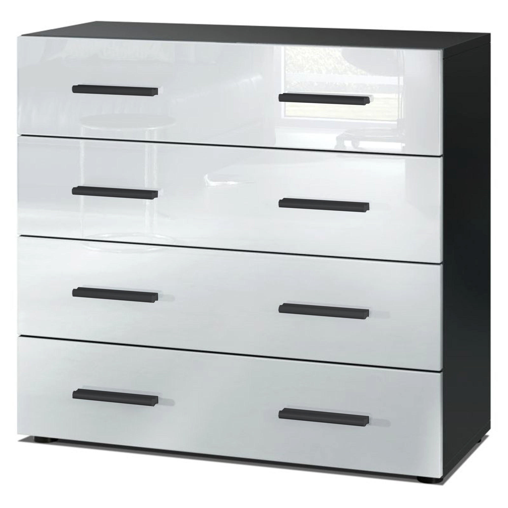 KOMMODE Den, Sideboard mit 4 Schubladen, Made in Germany, Moderner Schrank, Schwarz matt / Weiß Hochglanz (76 x 72 x 35 cm) - Weiß Hochglanz, Holzwerkstoff (76/72/33cm) - InnoFurn