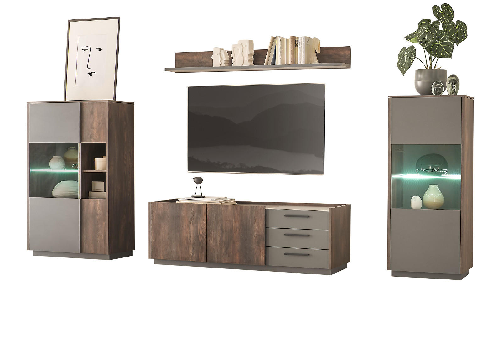 WOHNWAND Thermo Eiche, grau, Wohnkombination 4-teilig mit Soft-Close 327 cm - Eichefarben/Grau, Holzwerkstoff (327/170/45cm) - Furn.Design
