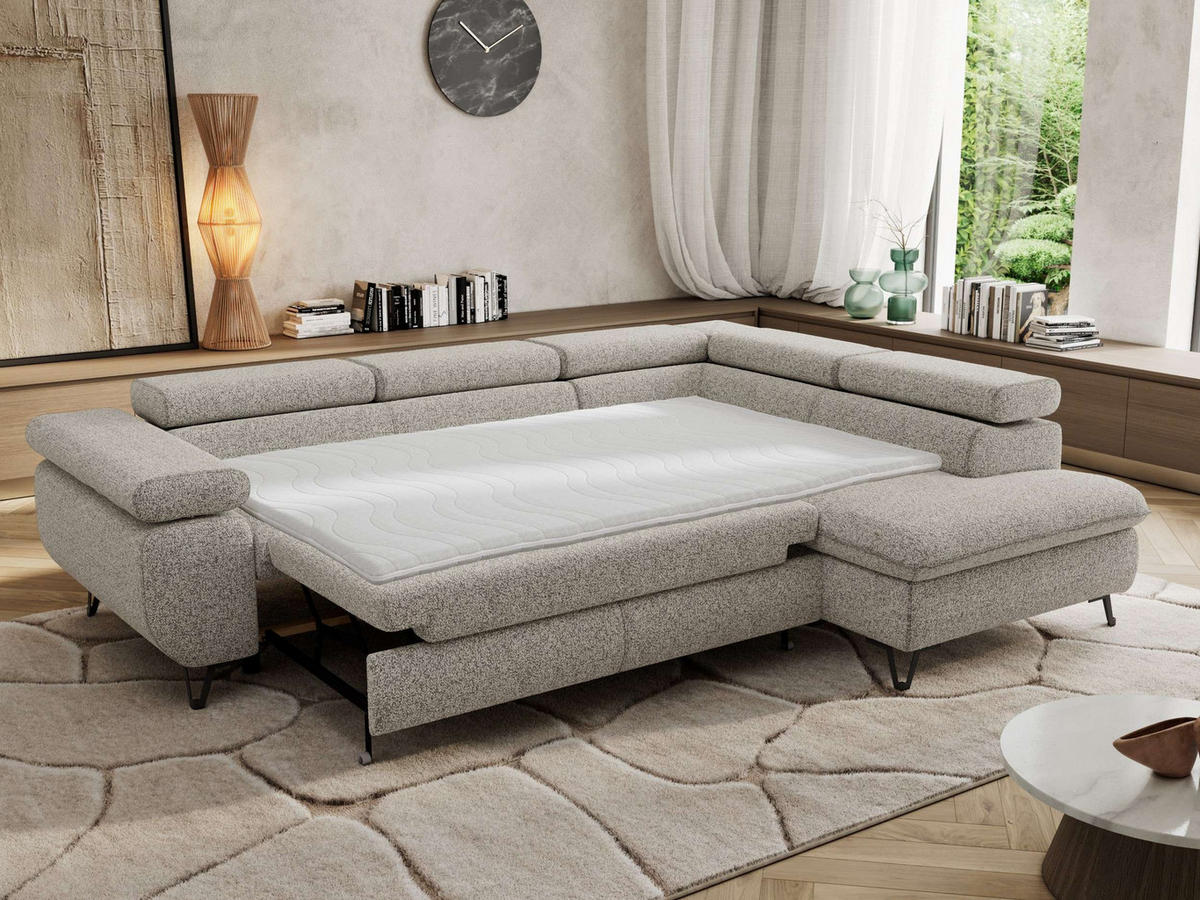 ECKSOFA PABLO L Hellgrau Struktur - Rechts Seite mit Visco Topper - Hellgrau/Schwarz, Textil/Metall (273/208cm) - MKS