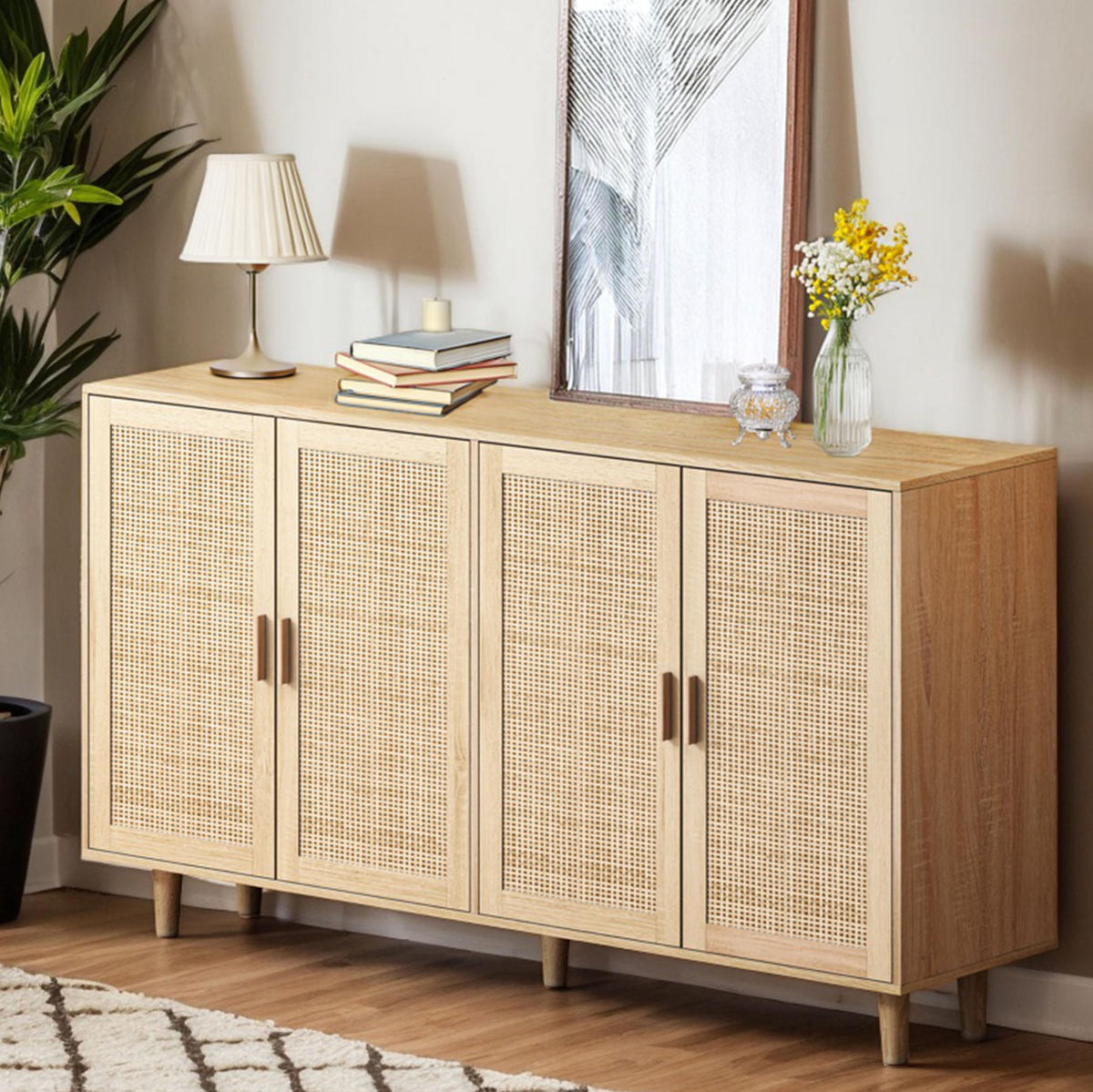 SIDEBOARD 158/40/88 cm in Natur mit 4 Rattantüren und verstellbarem Einlegeboden - Naturfarben, Holzwerkstoff (158/88/40cm) - Flora Grace