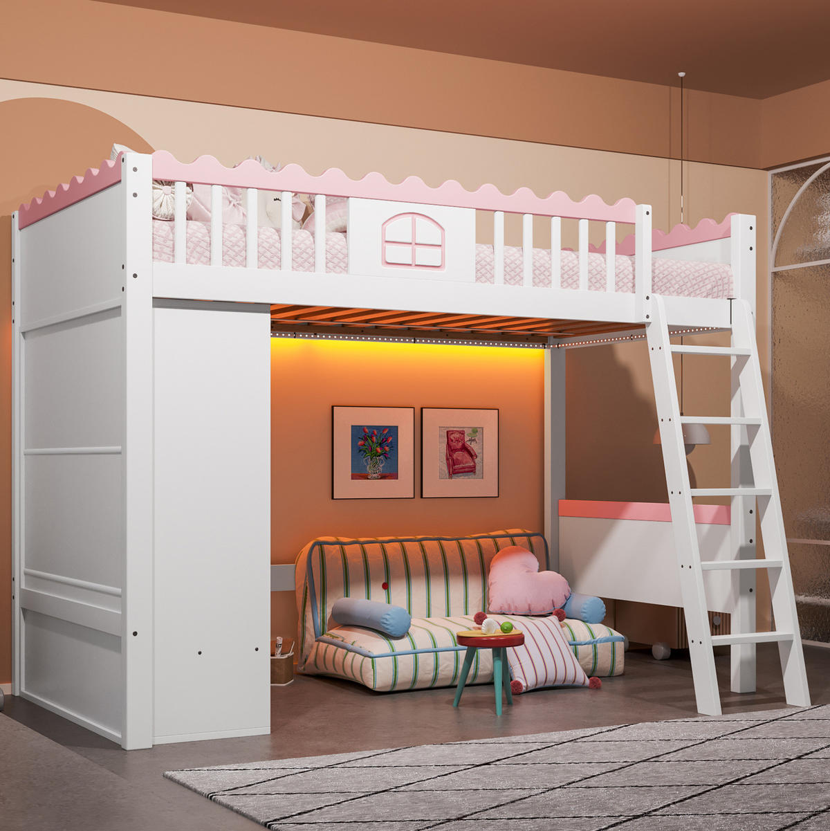 HOCHBETT 90/200 cm Weiß mit LED-Leuchten und Kleiderschrank mit Matratze - Weiß, Holzwerkstoff (90/200cm) - OKWISH