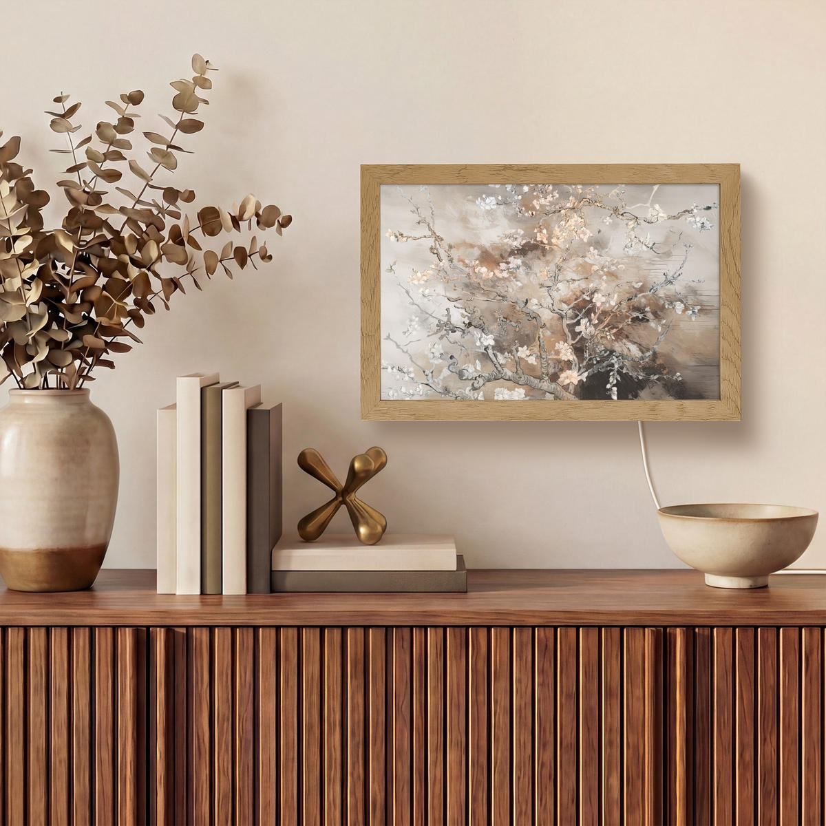 NÁSTĚNNÁ LAMPA Mandlový květ - Umění - Van Gogh - Béžová - Abstraktní 30x20 cm - šedohnědá, kompozitní dřevo (30/20/8cm) - OnlyWow