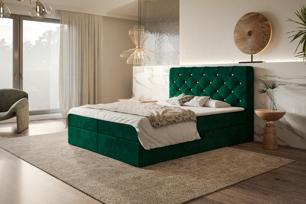 BOXBETT BOSTON mit 2 Bettkästen, 140x200, Farbe: Dunkelgrün, Velourstoff, Doppelbett mit Bonell-Matratze - Dunkelgrün, Holz/Kunststoff (140/200cm) - Alpi-Möbel