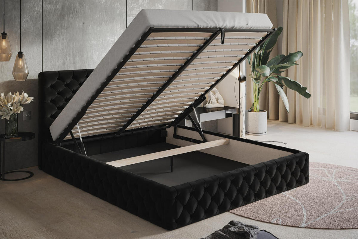 BETT 90x200 - Polsterbett mit Bettkasten und Metallrahmen - Elegant Betten - Weicher Jasminstoff - Kollektion Miami, Schwarz - Schwarz, Holz/Textil (90/200cm) - Alpi-Möbel