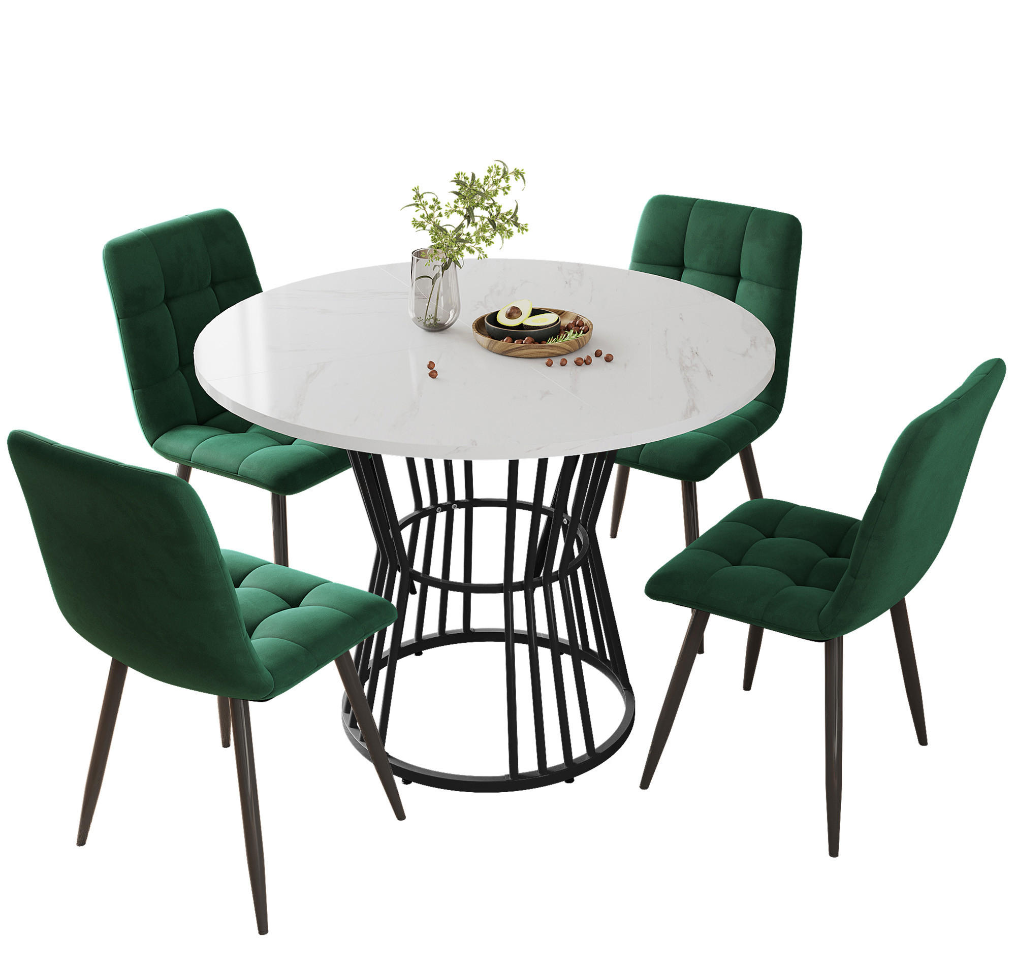 ESSTISCHSET 5-Teilig Mit 4 Stühlen, Rund 100 Cm, Weiß, Grün Samt - Grün, Holzwerkstoff (100/75/100cm) - FLIEKS