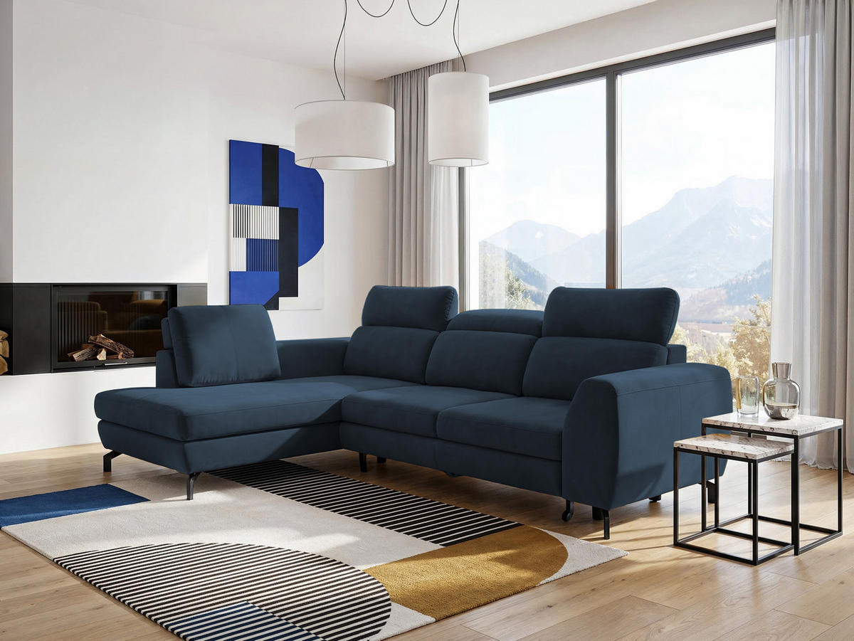 ECKSOFA ANTE Links, mit Schlaffunktion und Bettkasten, Marineblau - Dunkelblau, Textil/Metall (266/184cm) - Idohome