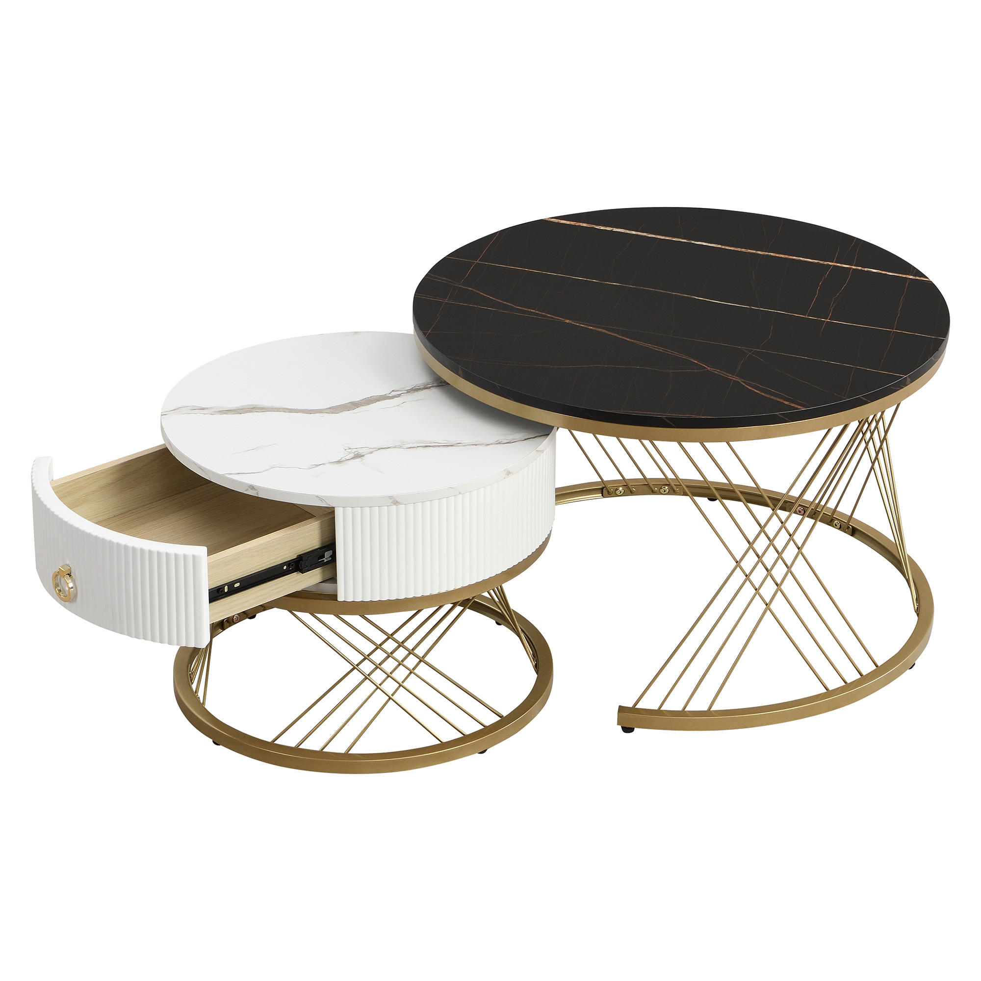 COUCHTISCH-SET 2er-Set Weiß/Gold - Schwarz, Holzwerkstoff (70/70/45cm) - ComfortXL