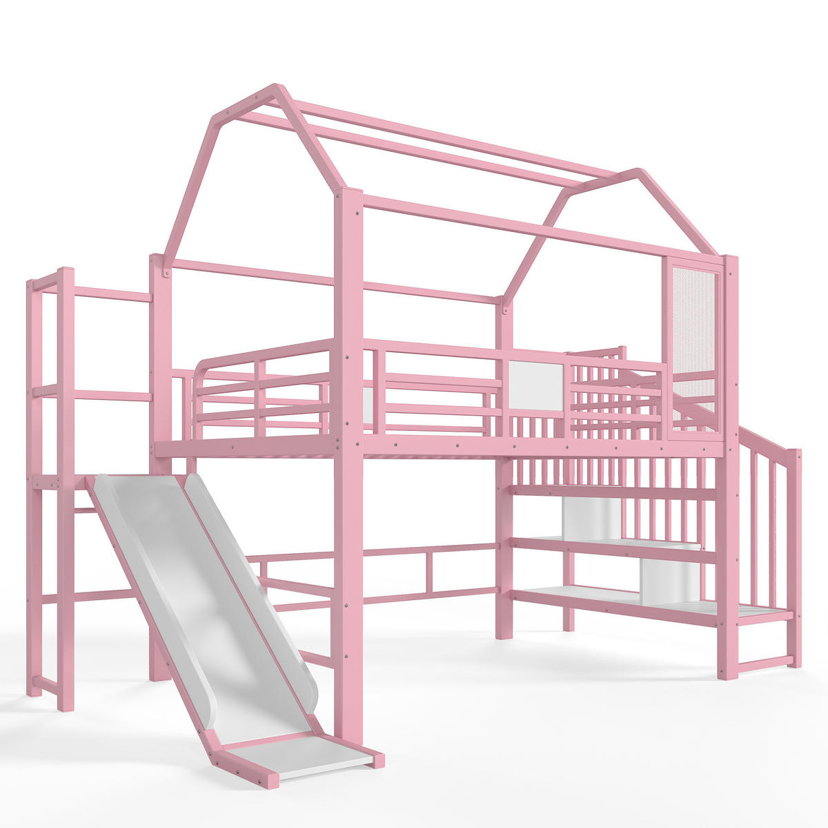 KINDERHOCHBETT 140x200 cm in Rosa mit Rutsche, Stauraumtreppe und Bluetooth-LED - Pink, Holzwerkstoff (140/200cm) - IVMEU