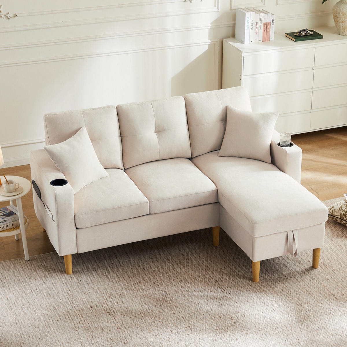 L-SOFA Modell S200 Grau 3-Sitzer mit Stauraum & Chaiselongue - Beige, Holz (129/175cm) - FLIEKS