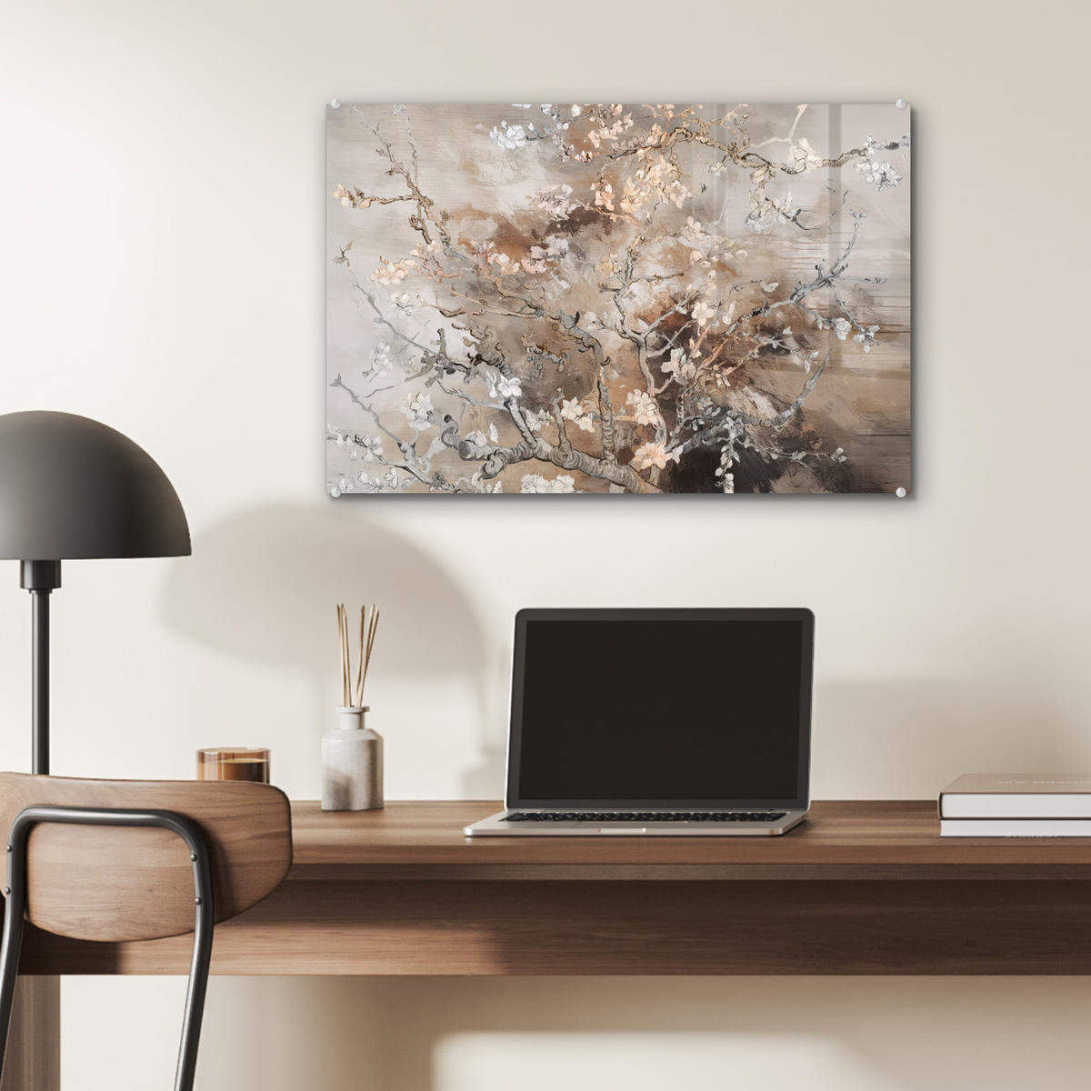 ACRYLGLASBILD Mandelblüte - Kunst - Van Gogh - Beige - Abstrakt 60x40 cm - Braun, Glas (60/40cm) - MuchoWow