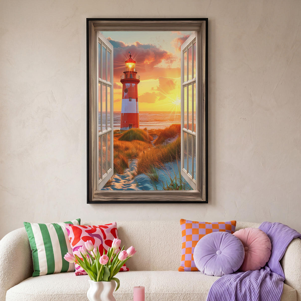 LEINWAND Bilder mit Rahmen - Aussicht - Fenster - Leuchtturm - Sonnenuntergang - Strand - 80x120 - Dunkelorange, Textil (80/120cm) - MuchoWow