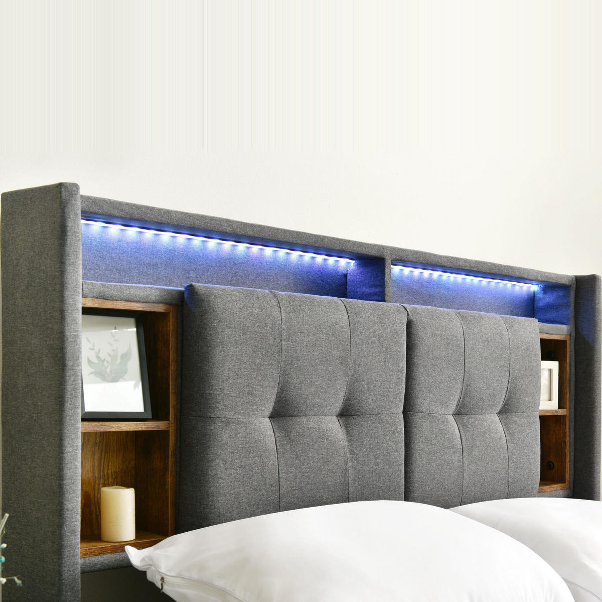 POLSTERBETT 140/200 cm Grau mit Stauraum-Kopfteil, USB-Anschlüssen und LED-Beleuchtung Mit Matratze - Grau, Holz (140/200cm) - OKWISH