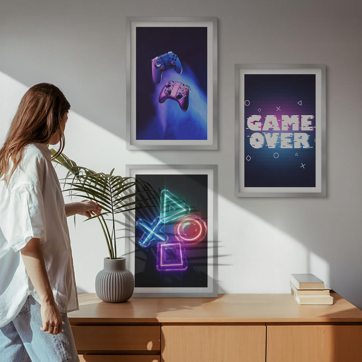 BILDER SET 3er Set - 40x60 cm Silberner Rahmen - Game Over Gamepads - Silberfarben, Kunststoff (40/60cm) - TULUP