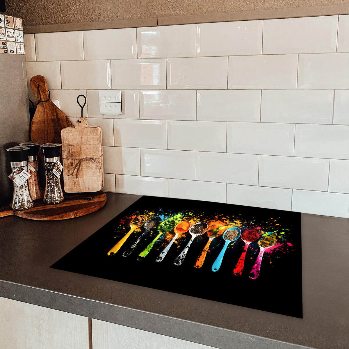 HERDABDECKPLATTE Löffel - Gewürze - Modern - Graffiti - Farbe - Farbenfroh 60x52 cm - Multicolor, Kunststoff (60/0.2/52cm) - MuchoWow
