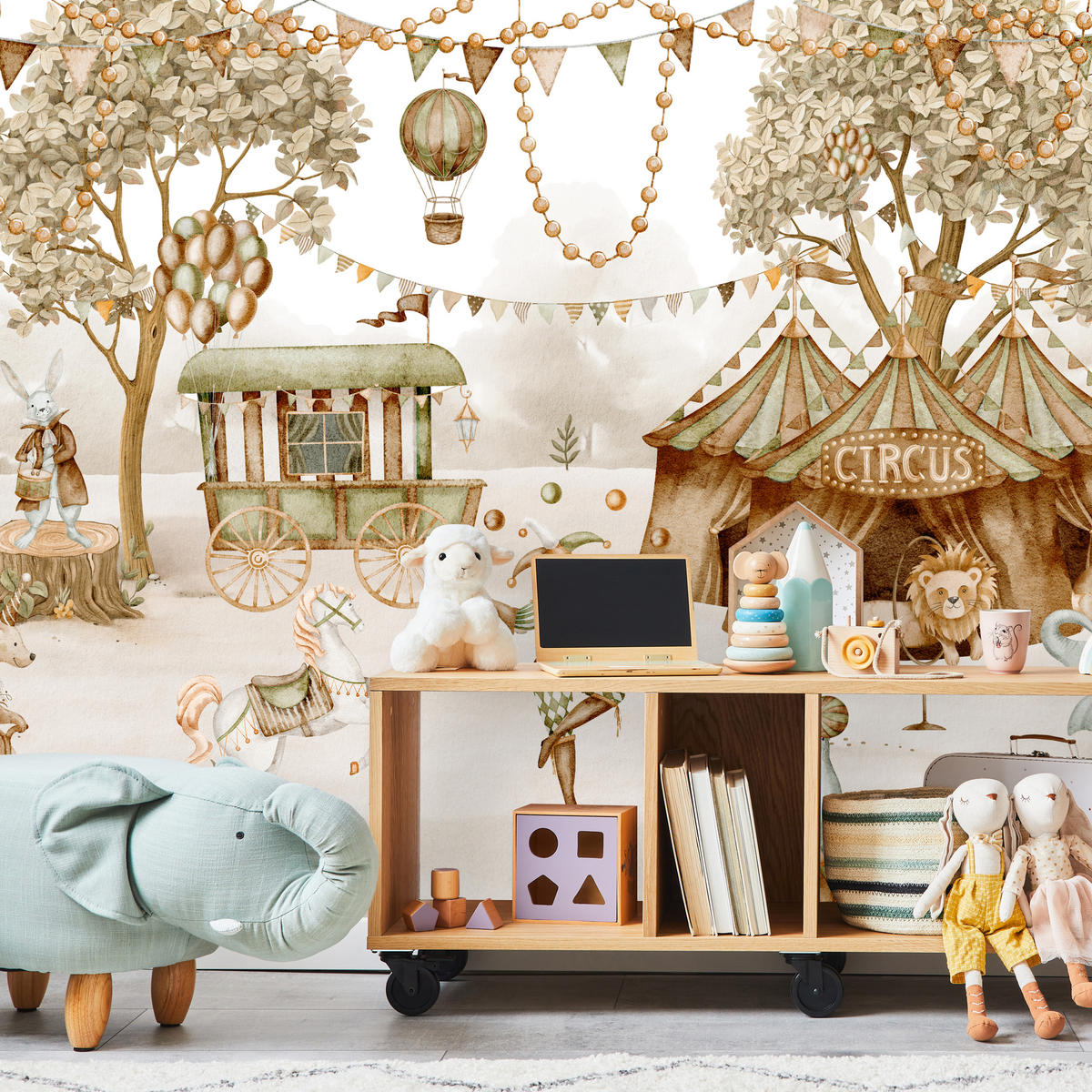 FOTOTAPETE für Kinderzimmer Zirkus Zelt Tiere Ballons Aquarell Bäume 350x256 - Ecru/Beige, Papier (350/256cm) - Muralo
