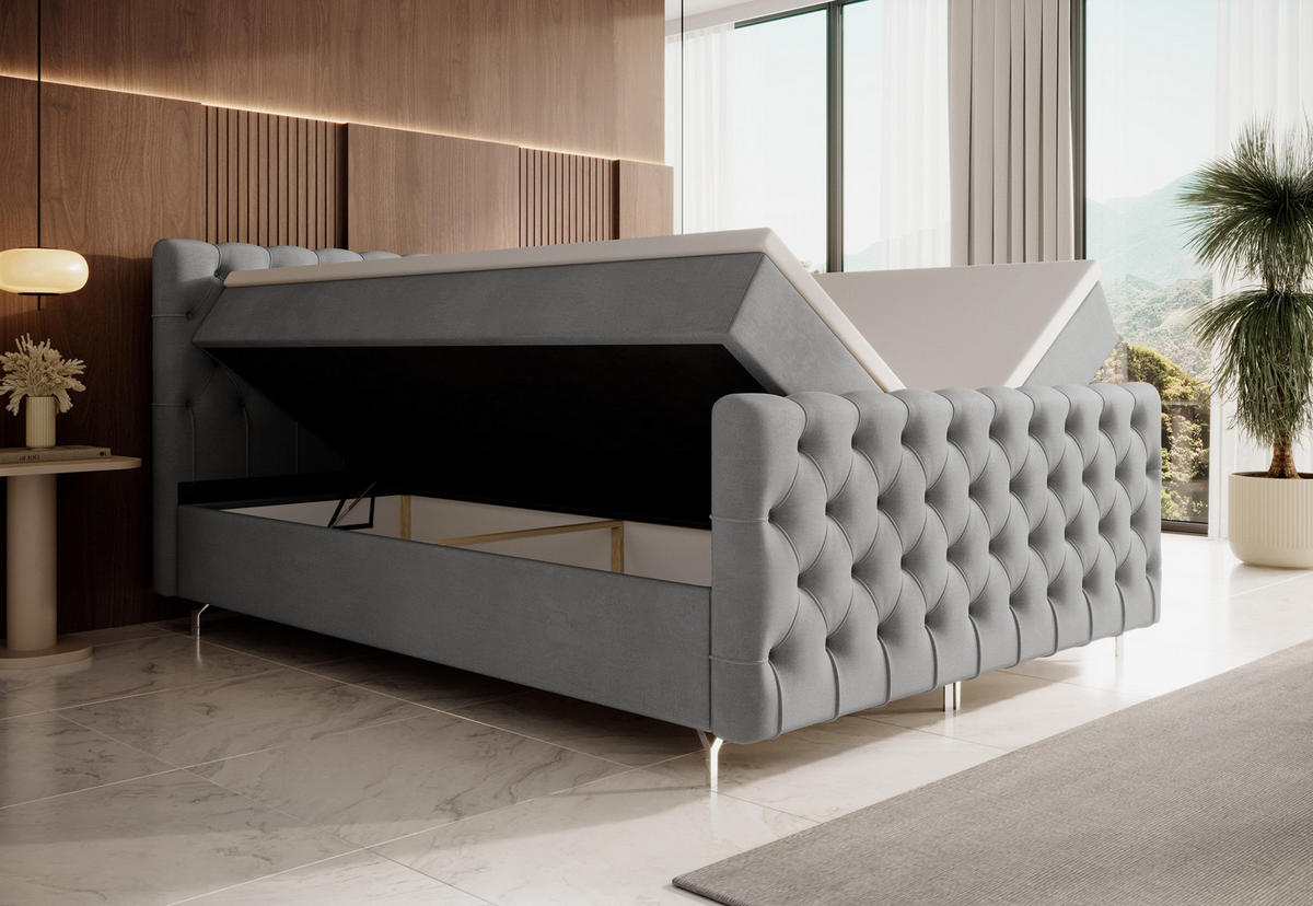 BOXBETT CHESTER PLUS 180x200, mit Matratze H3, Bonell und Topper,Monolith 84 - Hellgrau, Holz/Textil (180/200cm) - Bedante