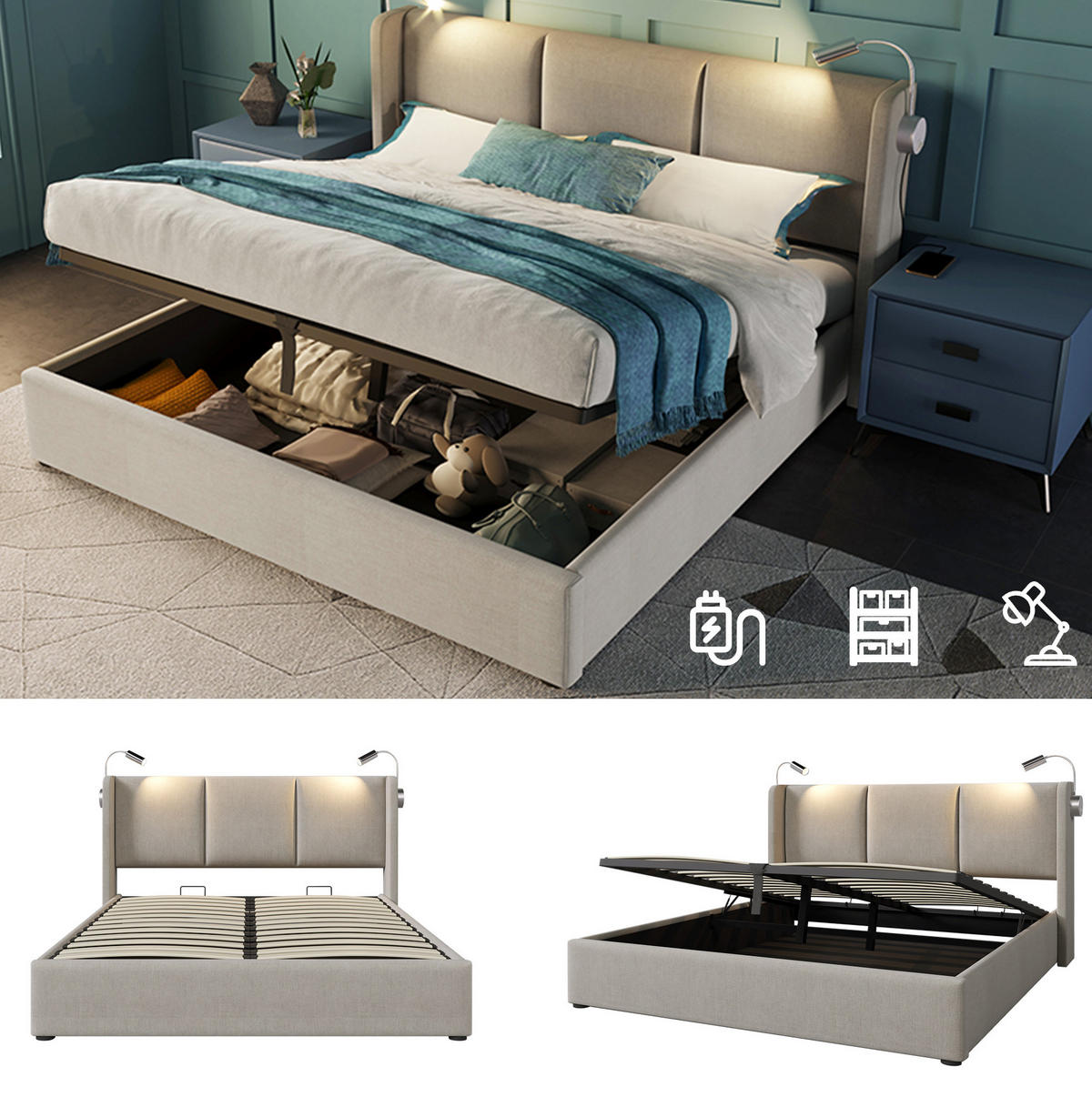 POLSTERBETT 140/200 cm mit Matratze, Leselampe, USB-Ladefunktion und Bettkasten, Leinen Beige - Beige, Textil (140/140cm) - Redom