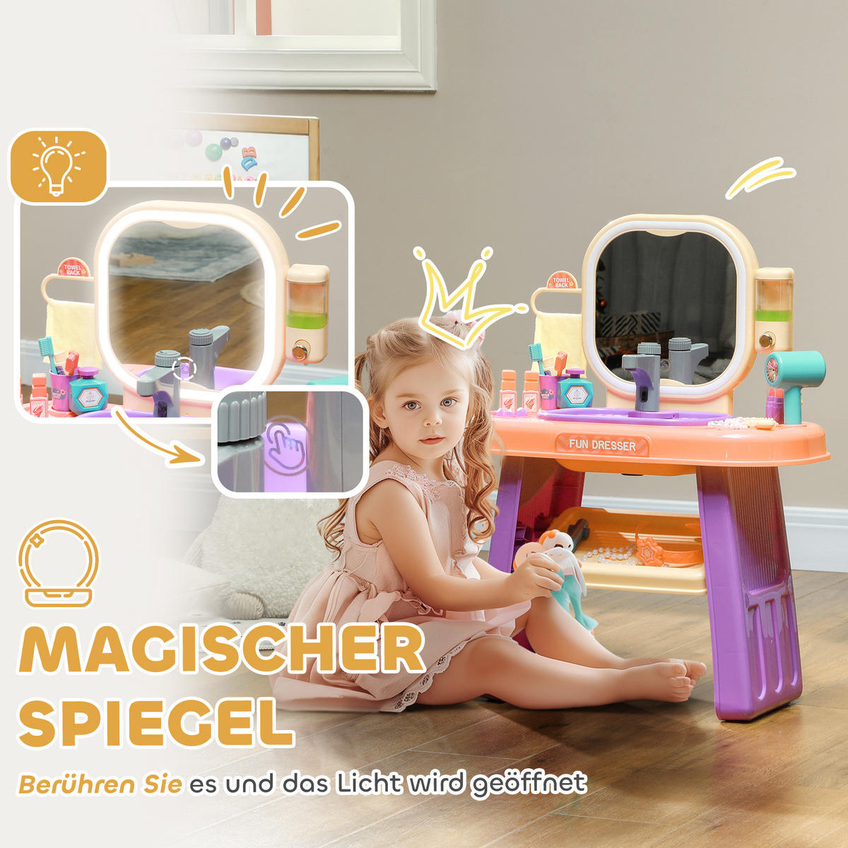 SCHMINKTISCH Kinder Frisiertisch mit Spiegel, LED Licht, Musik für 3-6 Jahre - Violett, Kunststoff (29/71/55cm) - AIYAPLAY