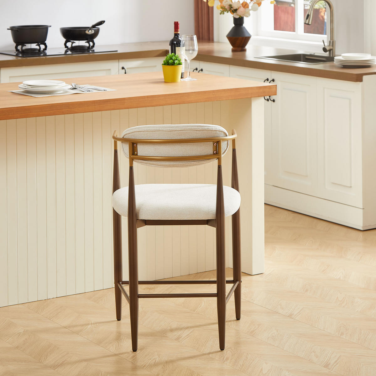 BARHOCKER 2er-Set mit Armlehnen und Stoffkissen, Creme - Beige, Textil (49/102/59cm)