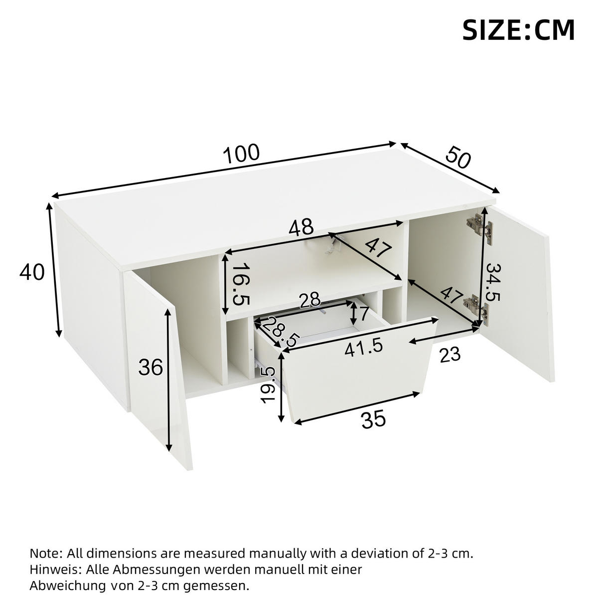 KONFERENČNÍ stolek, 100/50/40 cm bílý, s LED osvětlením a úložným prostorem - bílá, kompozitní dřevo (100/50/40cm) - BEAOK