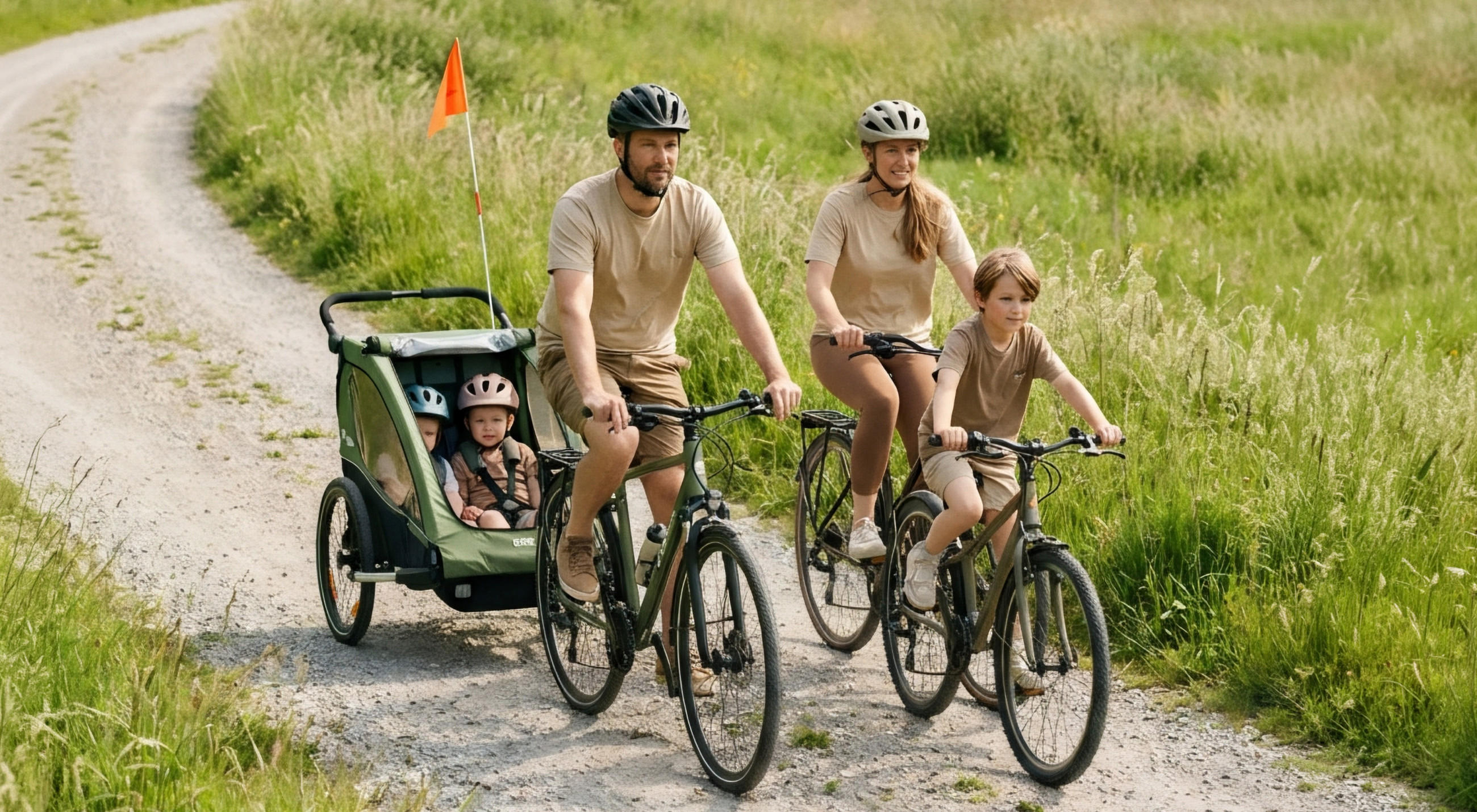 Familie mit zwei Kindern fährt auf Fahrrädern auf einem Schotterweg, ein Kind sitzt in einem Fahrradanhänger mit orangem Warnfahne.
