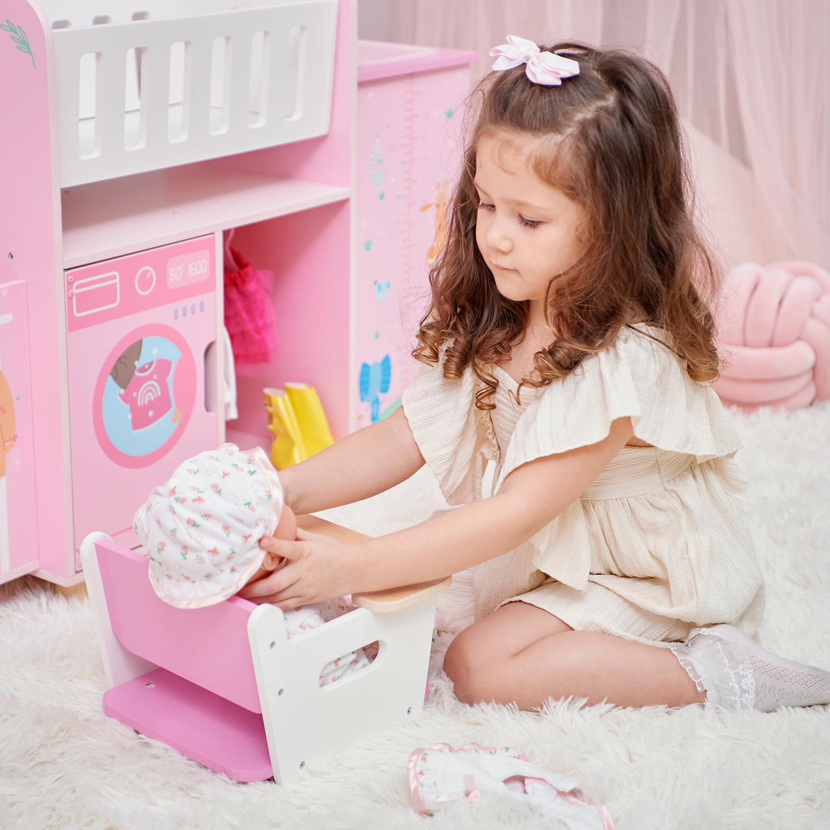 NURERY 6-in-1 Puppen mit Wiege, 63cm, Rosa - Pink, Holzwerkstoff (28/63/93cm) - Teamson Kids