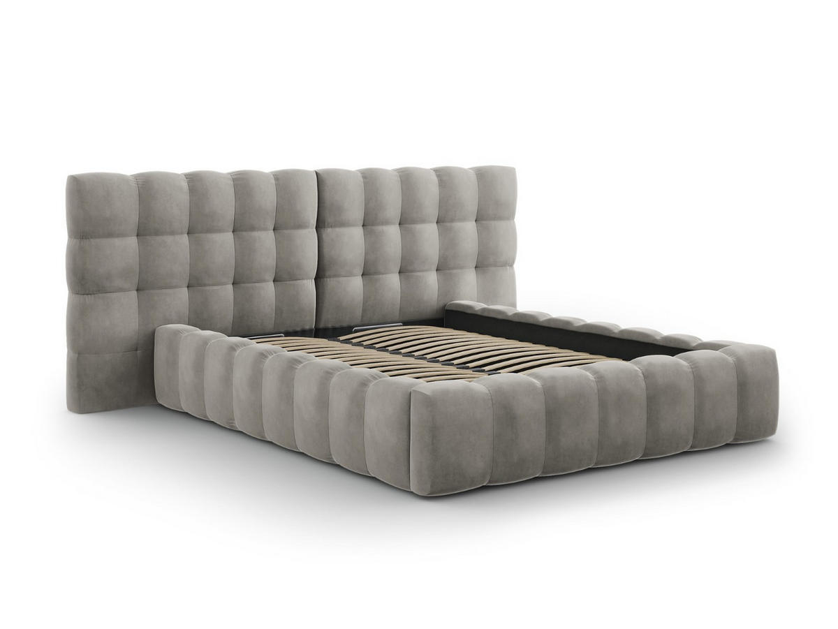 BETT mit Bettkasten und Doppelkopfteil Mamaia aus Samt hellgrau 140x200cm - Hellgrau, Textil (140/200cm) - Micadoni